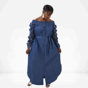 Denim Off-Shoulder Maxi Dress with Sheer Appliqué Sleeves