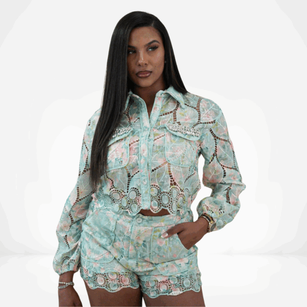 Pastel Lace-Detail Button-Up Romper - Image 2