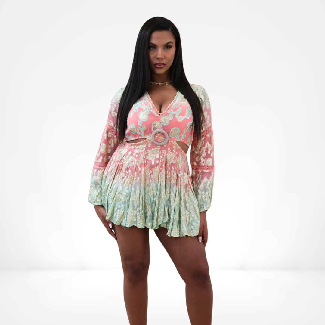 Sunset Ombre Brocade Cutout Mini Dress