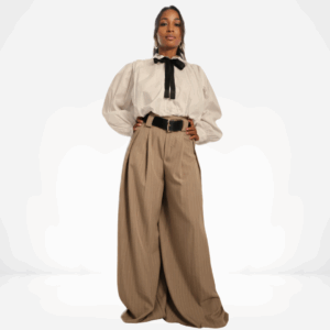 Victorian Bow Blouse & Wide-Leg Pinstripe Trouser Set