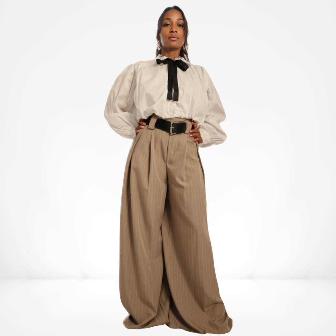 Victorian Bow Blouse & Wide-Leg Pinstripe Trouser Set