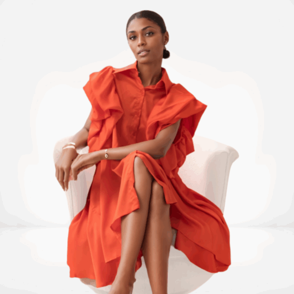Ruffled Mandarin-Collar Midi Dress in Flame Silk