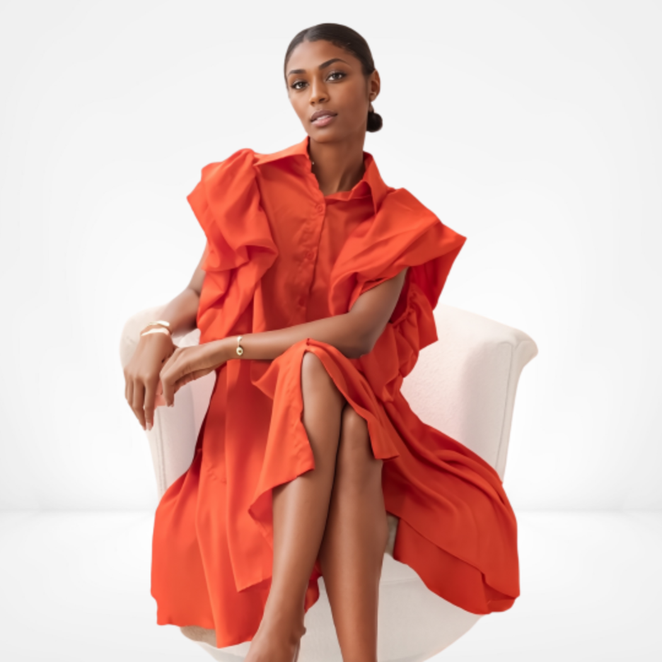 Ruffled Mandarin-Collar Midi Dress in Flame Silk